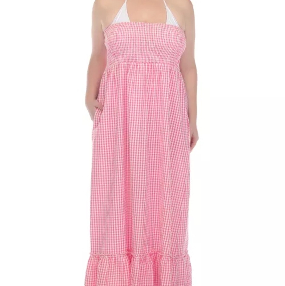 Macy's Pink Gingham Maxi Dress Swim CoverUp Size M NEW